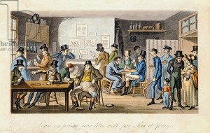 Logic in a debtors' prison being visited by Tom and Jerry, from 'Life in London' by Pierce Egan, 1821-22 (coloured aquatint) by Cruikshank, Isaac Robert (1789-1856); London Metropolitan Archives, City of London