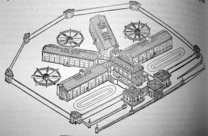 An isometric drawing of Pentonville prison, from an 1844 report by Joshua Jebb, Royal Engineers, Wikipedia
