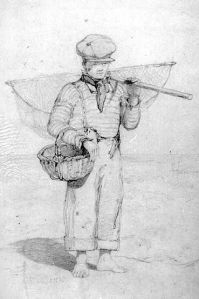 Drawing, 'Boy with basket and shrimping net' by John Sell Cotman (1782-1842), pencil on paper, 1836; 40.1 cm x 30.3 cm; inscription bottom left signed 'Cotman 1836'. Norfolk Museums and Archaeology Service