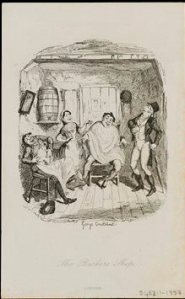 George Cruikshank, Engraving depicting The Barber's Shop, an illustration from the publication The Life of Grimaldi, no date, c. V&A