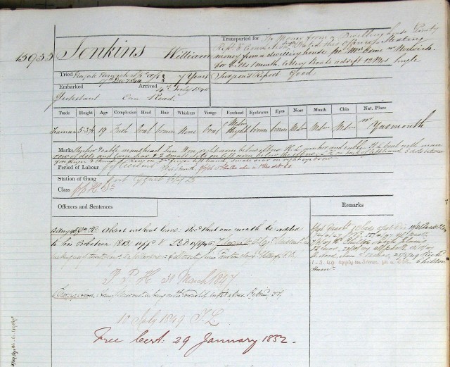 William Jenkins, Conduct Record, transcribed on arrival in Van Diemen's Land, 1845