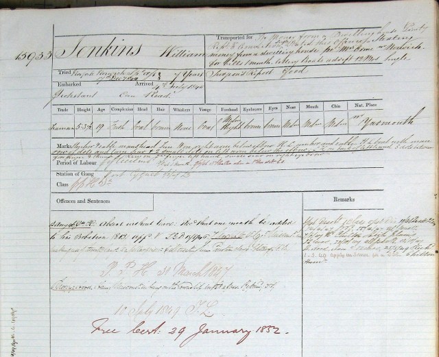 William Jenkins, Conduct Record, transcribed on arrival in Van Diemen's Land, 1845